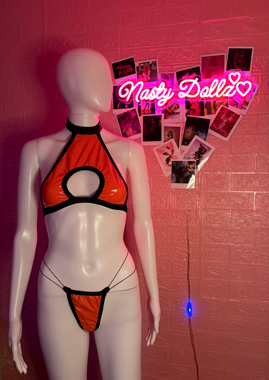 Orange/black pu leather 2 piece